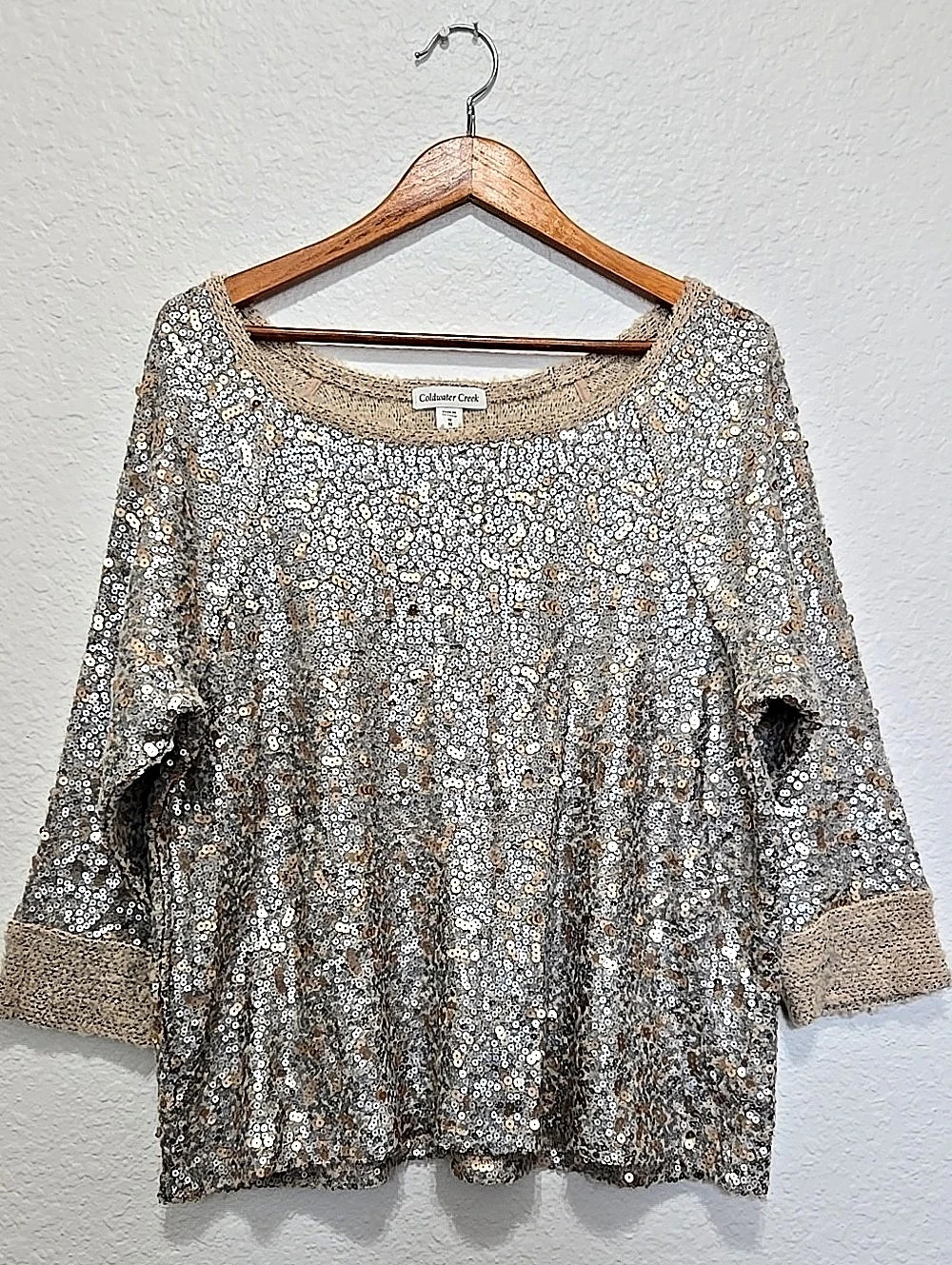 Coldwater Creek Sequin Blouse in Silver & Beige Size 1X Like New